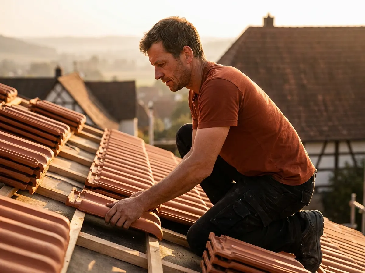 Dachdecker deckt ein Dach mit Ziegeln