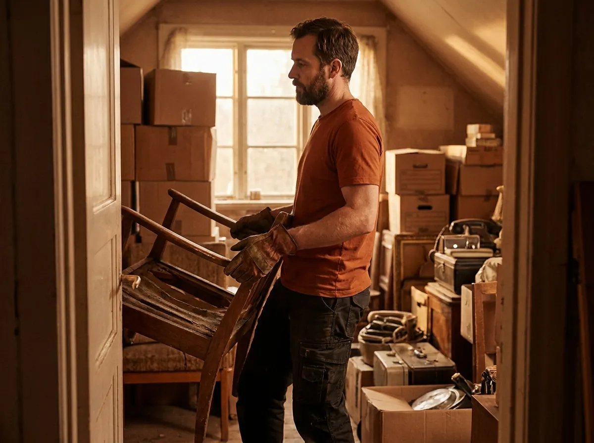 Entrümpelungshelfer trägt Kartons aus einer Wohnung