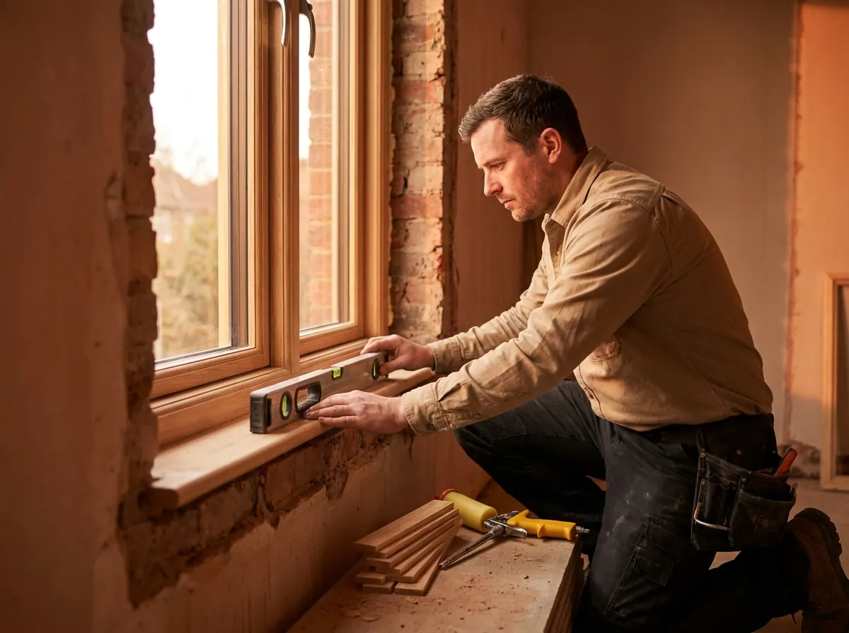 Monteur setzt ein neues Fenster ein