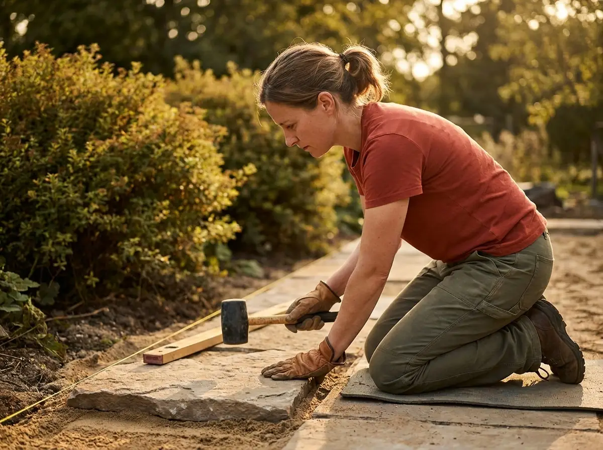 Landschaftsgärtner legt einen Gartenweg an