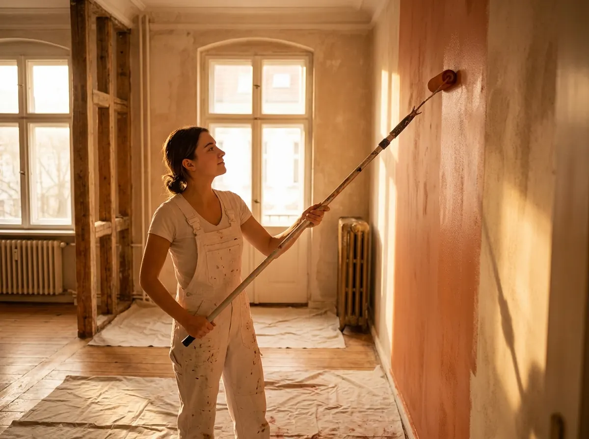 Maler streicht eine Wand mit der Rolle