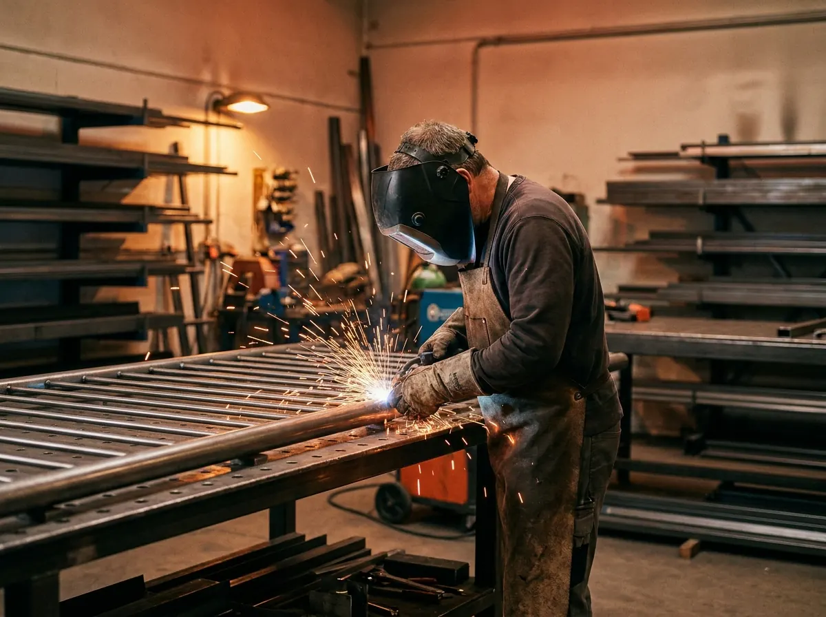 Metallbauer schweißt ein Stahlteil