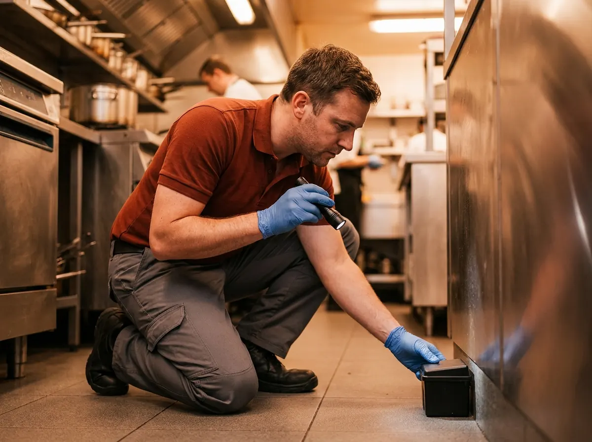 Schädlingsbekämpfer mit Sprühgerät bei der Arbeit