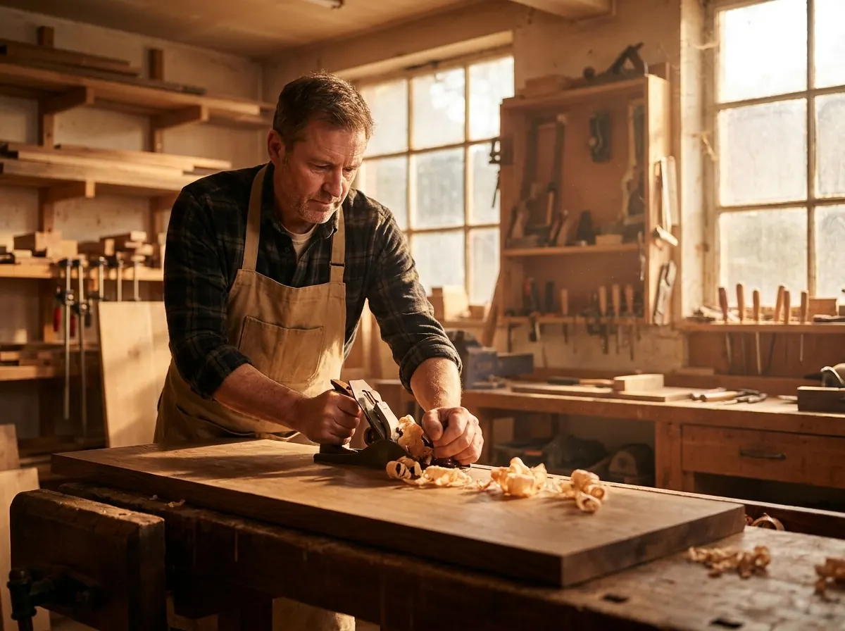 Tischler bearbeitet ein Holzbrett in der Werkstatt