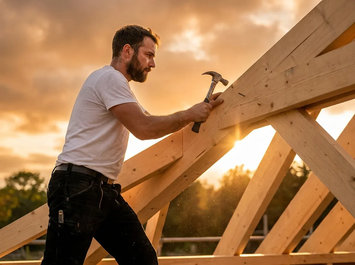Zimmerer richtet einen Dachstuhl aus Holz